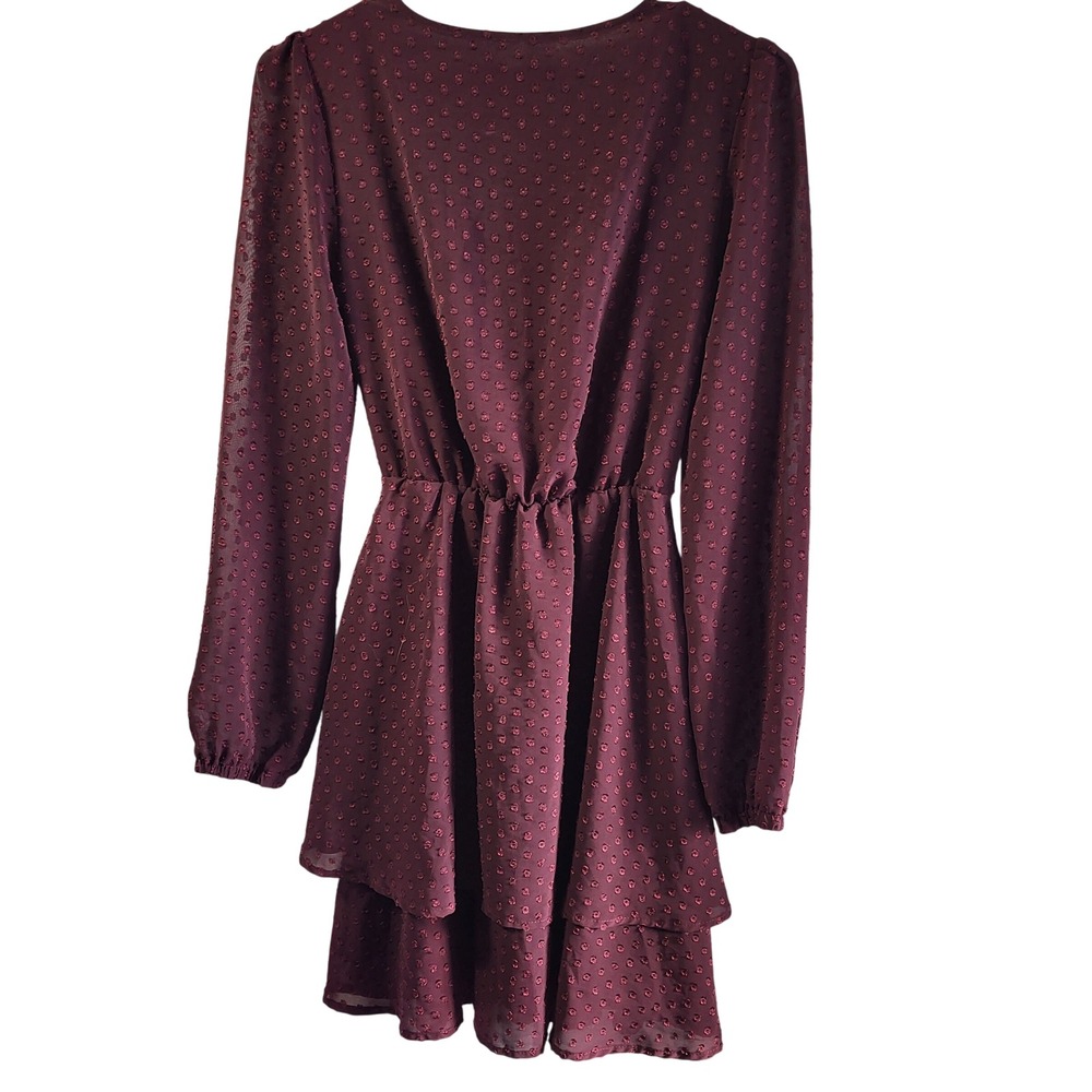 Lulus Burgundy Burnout Dot Long Sleeve Ruffle Tiered Mini Dress XS - Picture 6 of 6